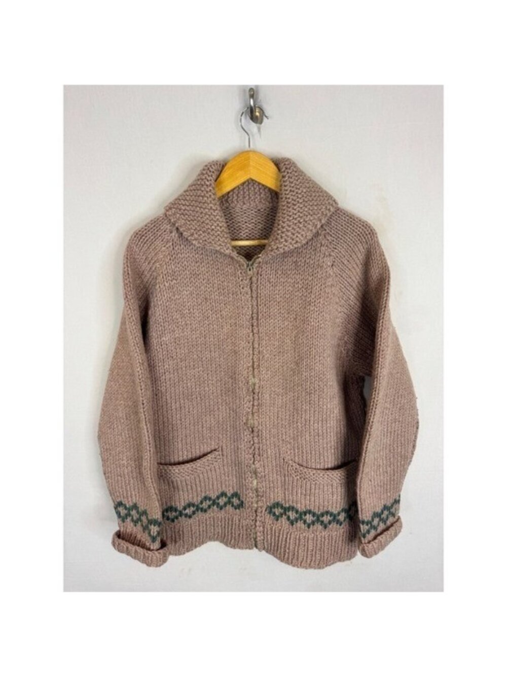 Vintage Handmade Chunky Knit Cowichan Style Shawl Collar Zip Cardigan Women L